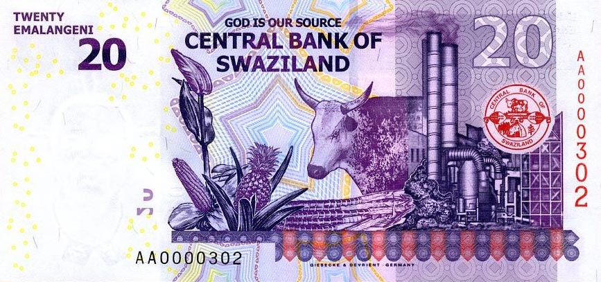 Back of Swaziland p37a: 20 Emalangeni from 2010