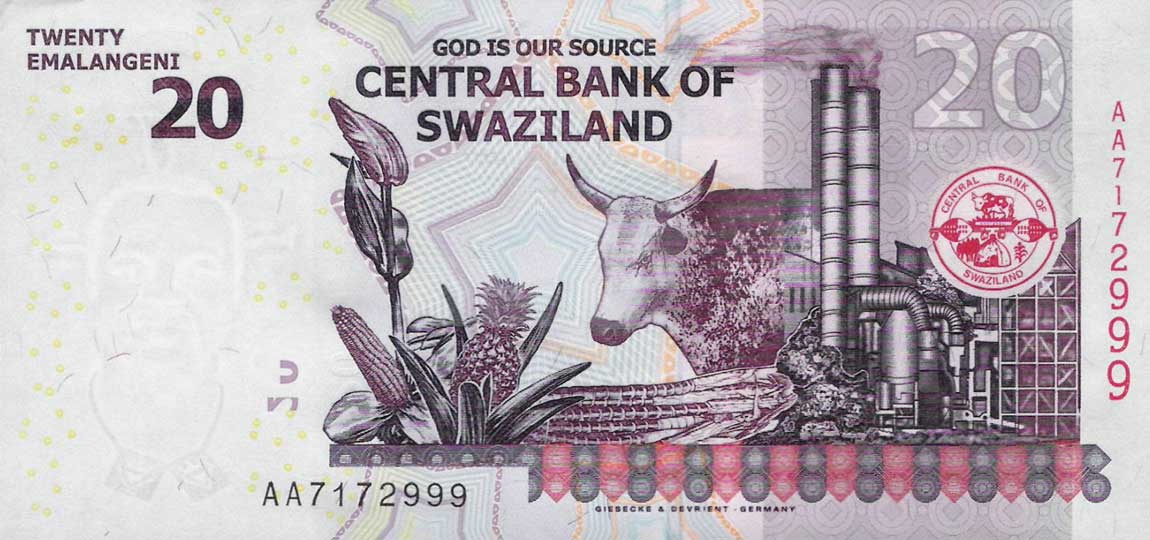 Back of Swaziland p37b: 20 Emalangeni from 2014