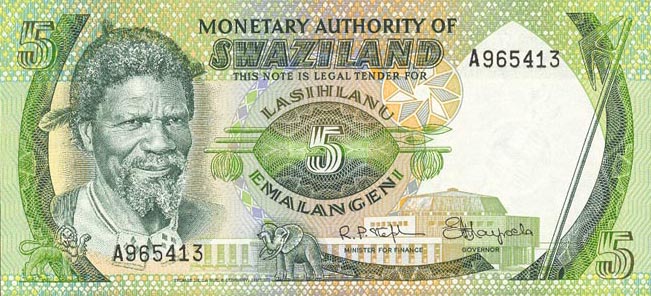 Front of Swaziland p3a: 5 Emalangeni from 1974
