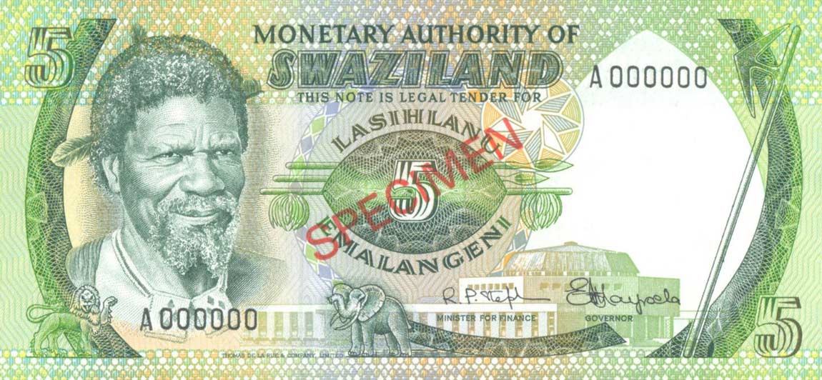 Front of Swaziland p3s: 5 Emalangeni from 1974