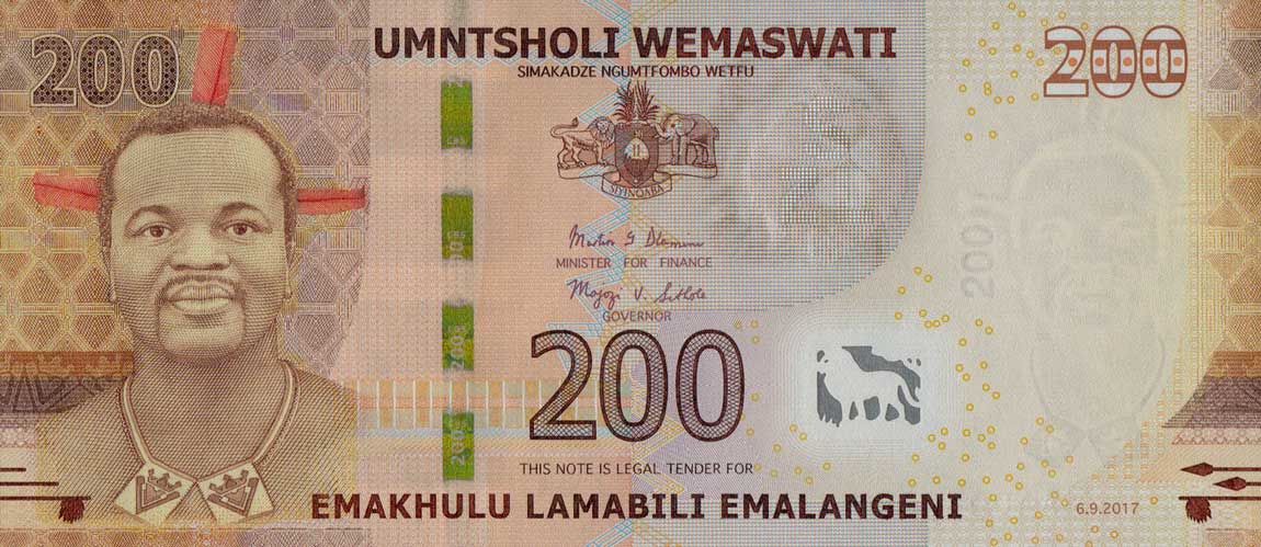 Front of Swaziland p43: 200 Emalangeni from 2017