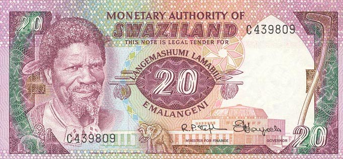 Front of Swaziland p5a: 20 Emalangeni from 1978