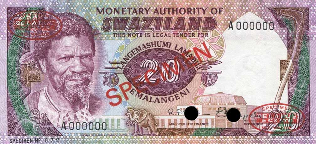 Front of Swaziland p5s: 20 Emalangeni from 1978