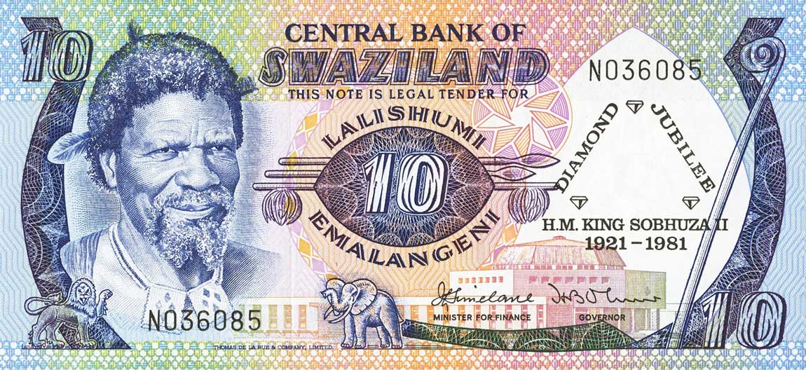 Front of Swaziland p6a: 10 Emalangeni from 1981