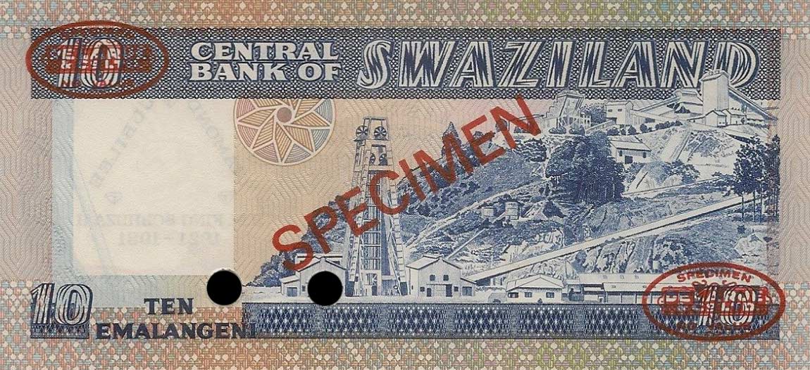 Back of Swaziland p6s: 10 Emalangeni from 1981