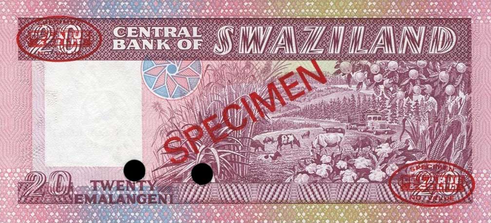 Back of Swaziland p7s: 20 Emalangeni from 1981