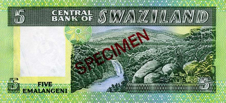 Back of Swaziland p9s1: 5 Emalangeni from 1982