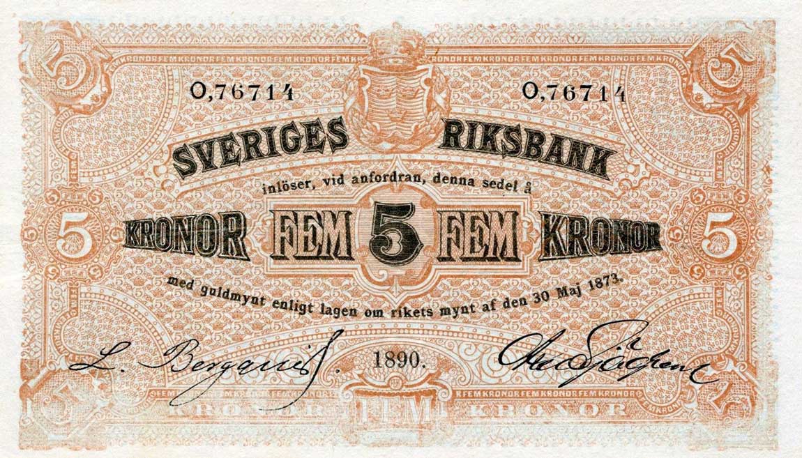 Front of Sweden p13c: 5 Kronor from 1890