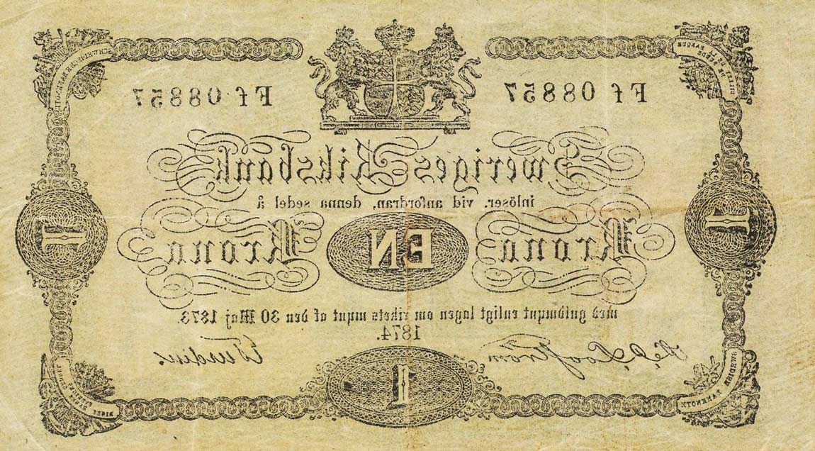 Back of Sweden p1a: 1 Krona from 1874