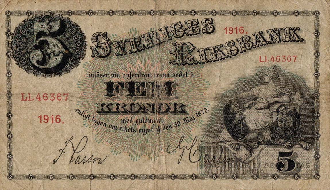 Front of Sweden p26k: 5 Kronor from 1916