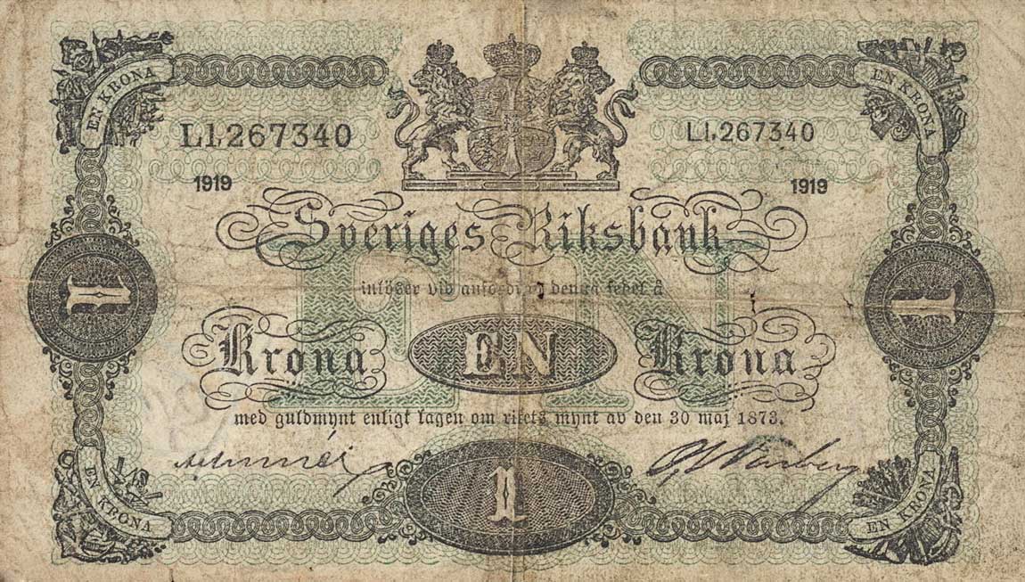 Front of Sweden p32f: 1 Krona from 1919