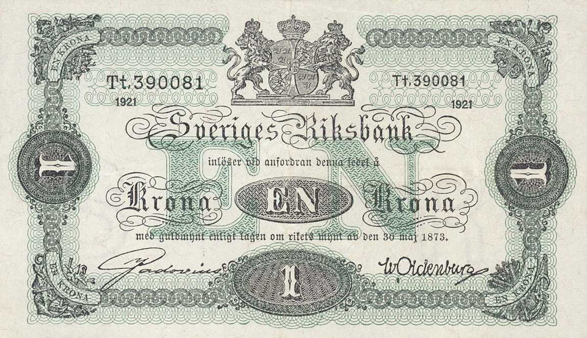 Front of Sweden p32h: 1 Krona from 1921