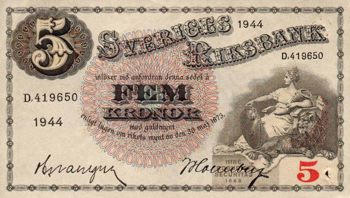 Front of Sweden p33aa: 5 Kronor from 1944