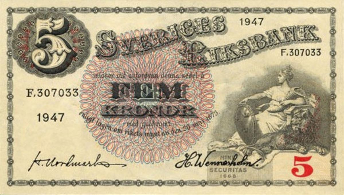 Front of Sweden p33ad: 5 Kronor from 1947