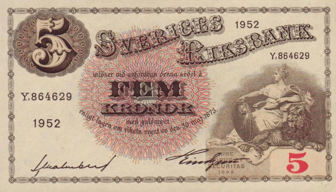 Front of Sweden p33ai: 5 Kronor from 1952