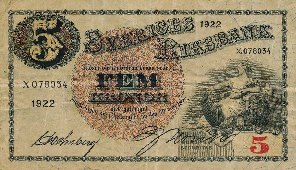 Front of Sweden p33e: 5 Kronor from 1922