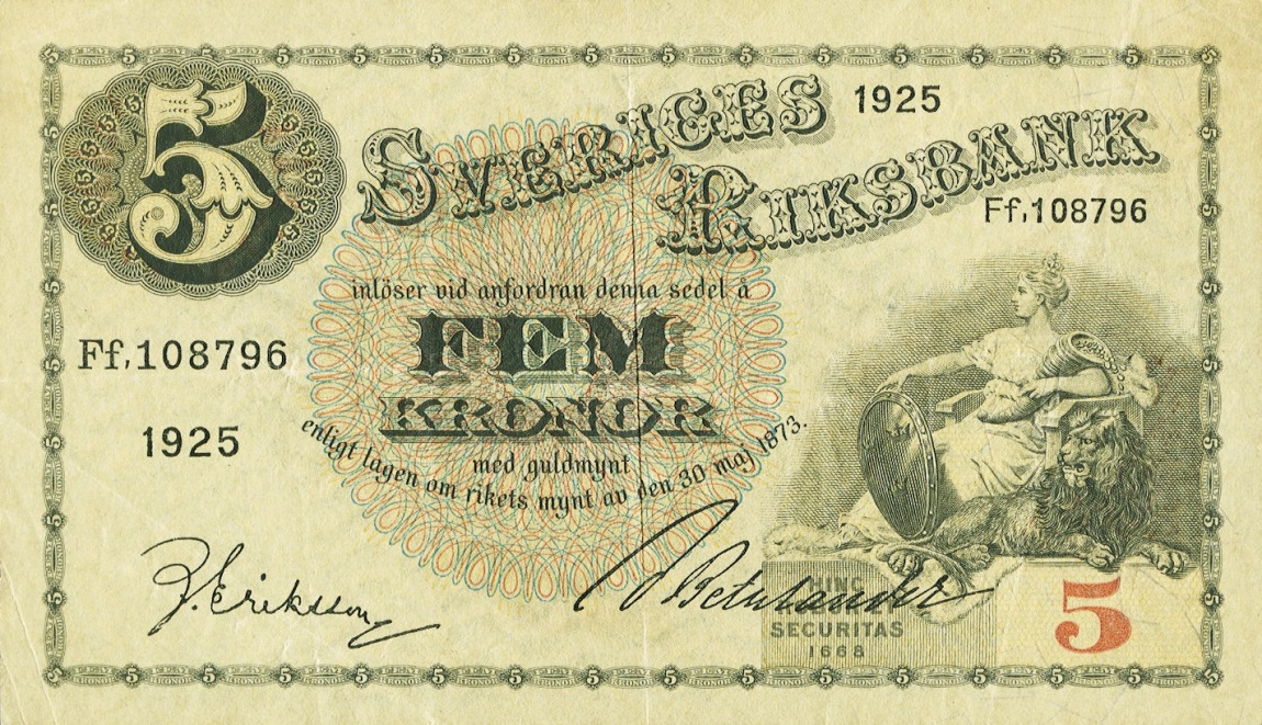 Front of Sweden p33h: 5 Kronor from 1925