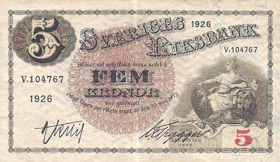 Front of Sweden p33i: 5 Kronor from 1926