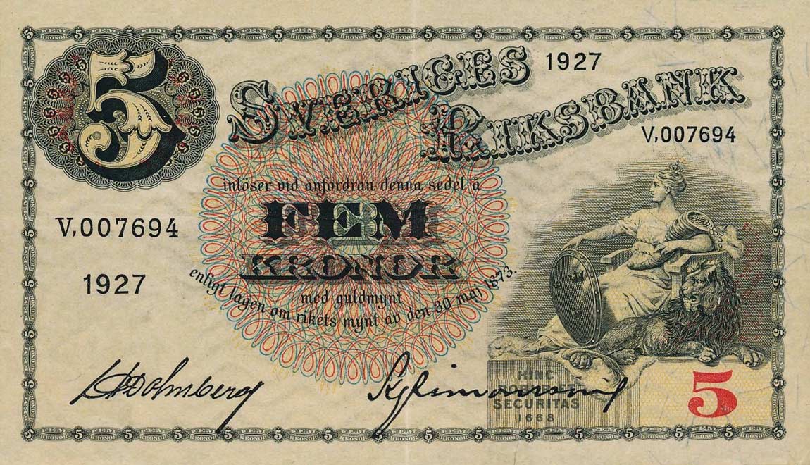 Front of Sweden p33j: 5 Kronor from 1927