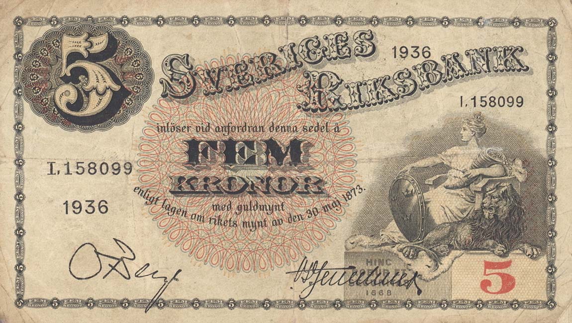 Front of Sweden p33s: 5 Kronor from 1936