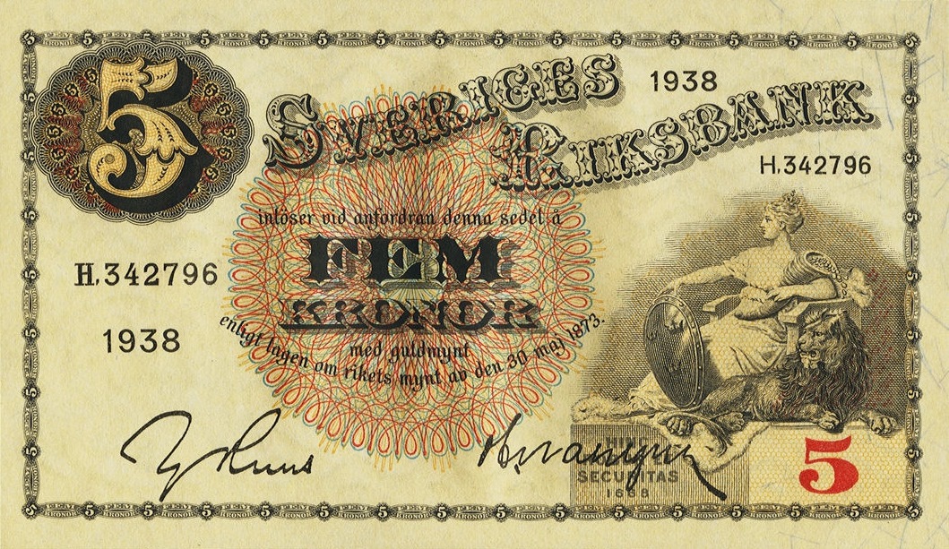 Front of Sweden p33u: 5 Kronor from 1938