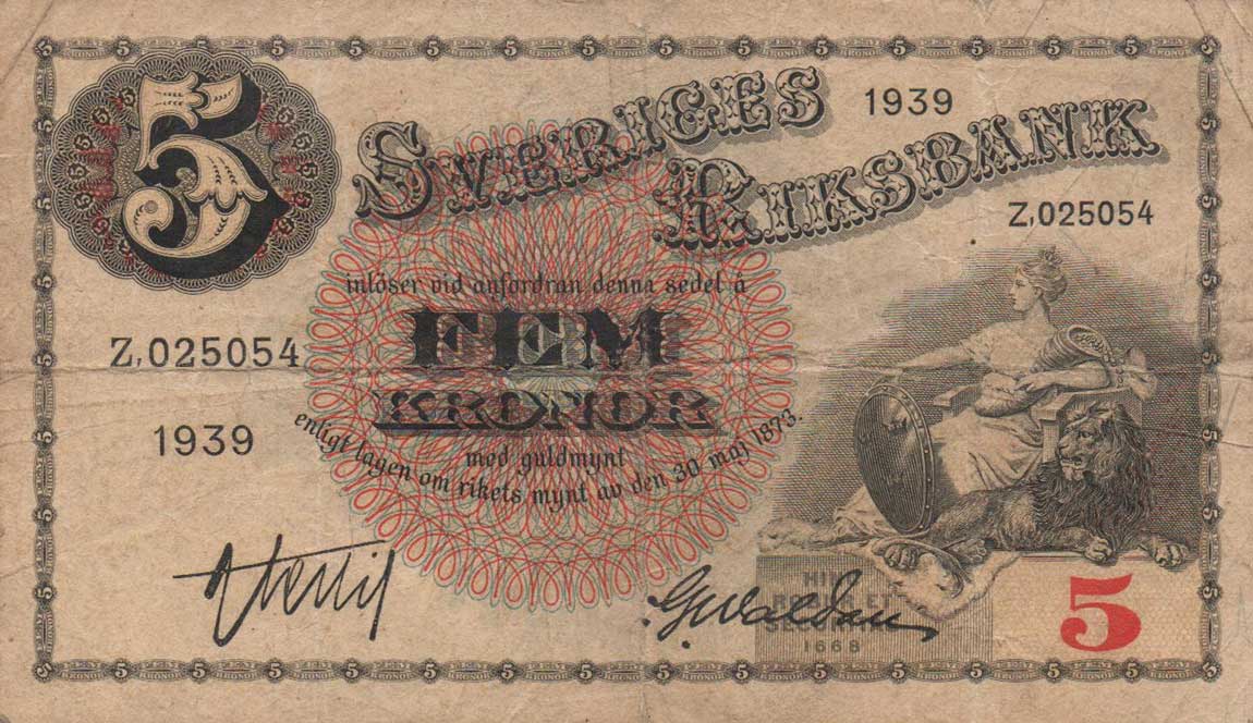 Front of Sweden p33v: 5 Kronor from 1939