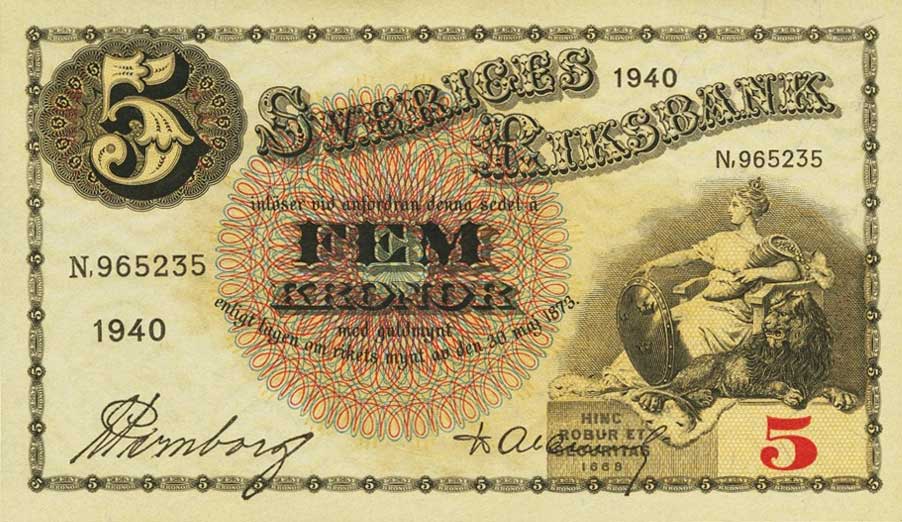 Front of Sweden p33w: 5 Kronor from 1940