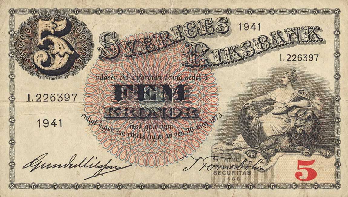 Front of Sweden p33x: 5 Kronor from 1941