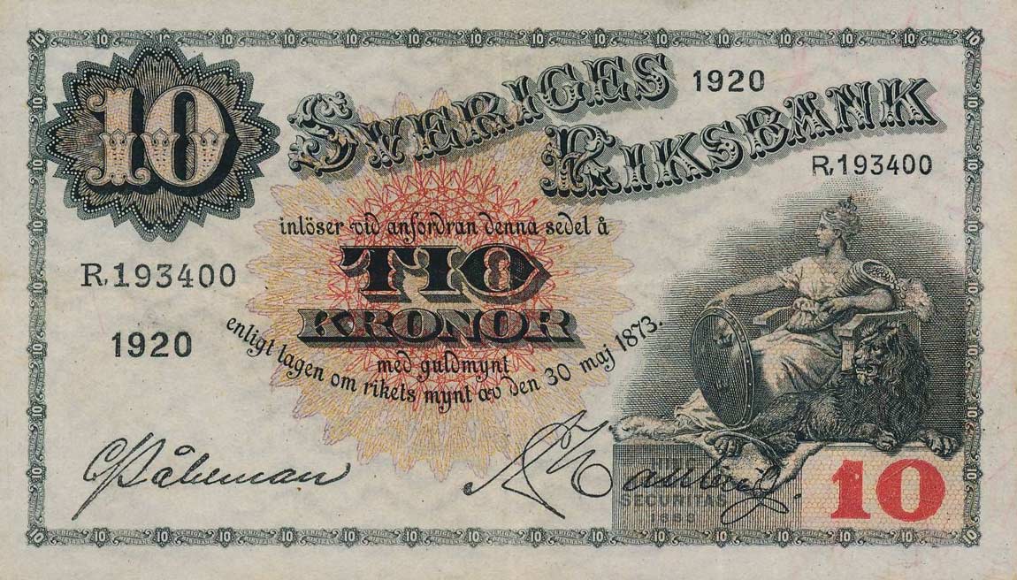 RealBanknotes.com > Sweden P34c: 10 Kronor From 1920