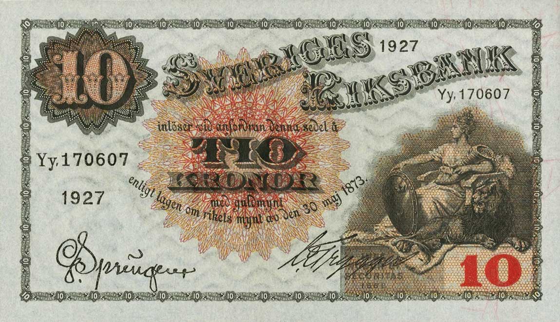 Front of Sweden p34j: 10 Kronor from 1927