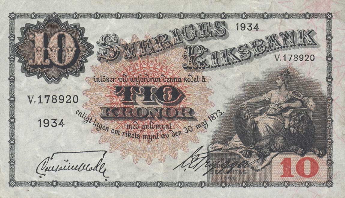 Front of Sweden p34q: 10 Kronor from 1934