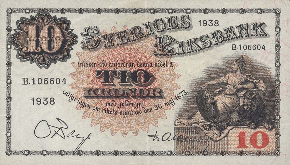 Front of Sweden p34u: 10 Kronor from 1938