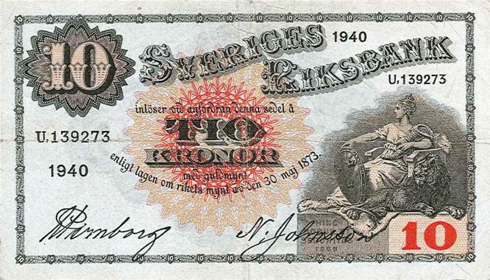 Front of Sweden p34w: 10 Kronor from 1940