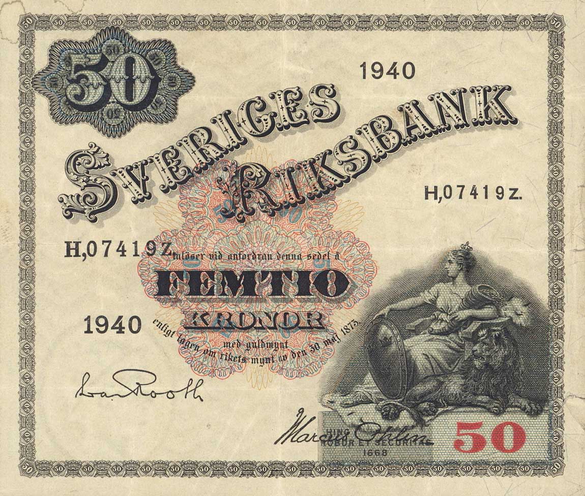Front of Sweden p35w: 50 Kronor from 1940