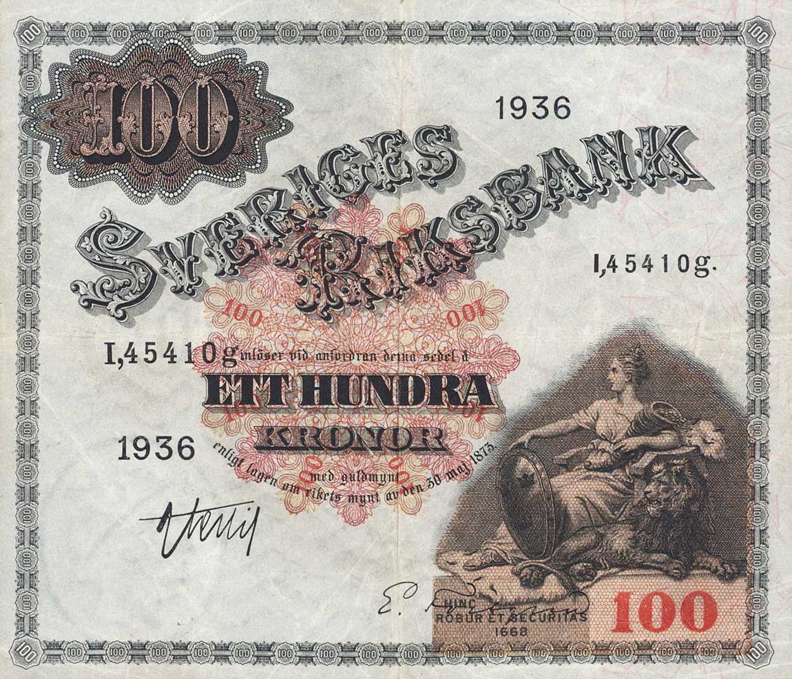 Front of Sweden p36s: 100 Kronor from 1936