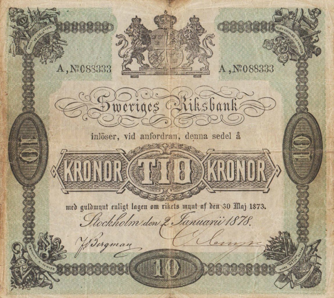 Front of Sweden p3e: 10 Kronor from 1878