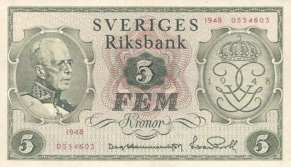 Front of Sweden p41a: 5 Kronor from 1948