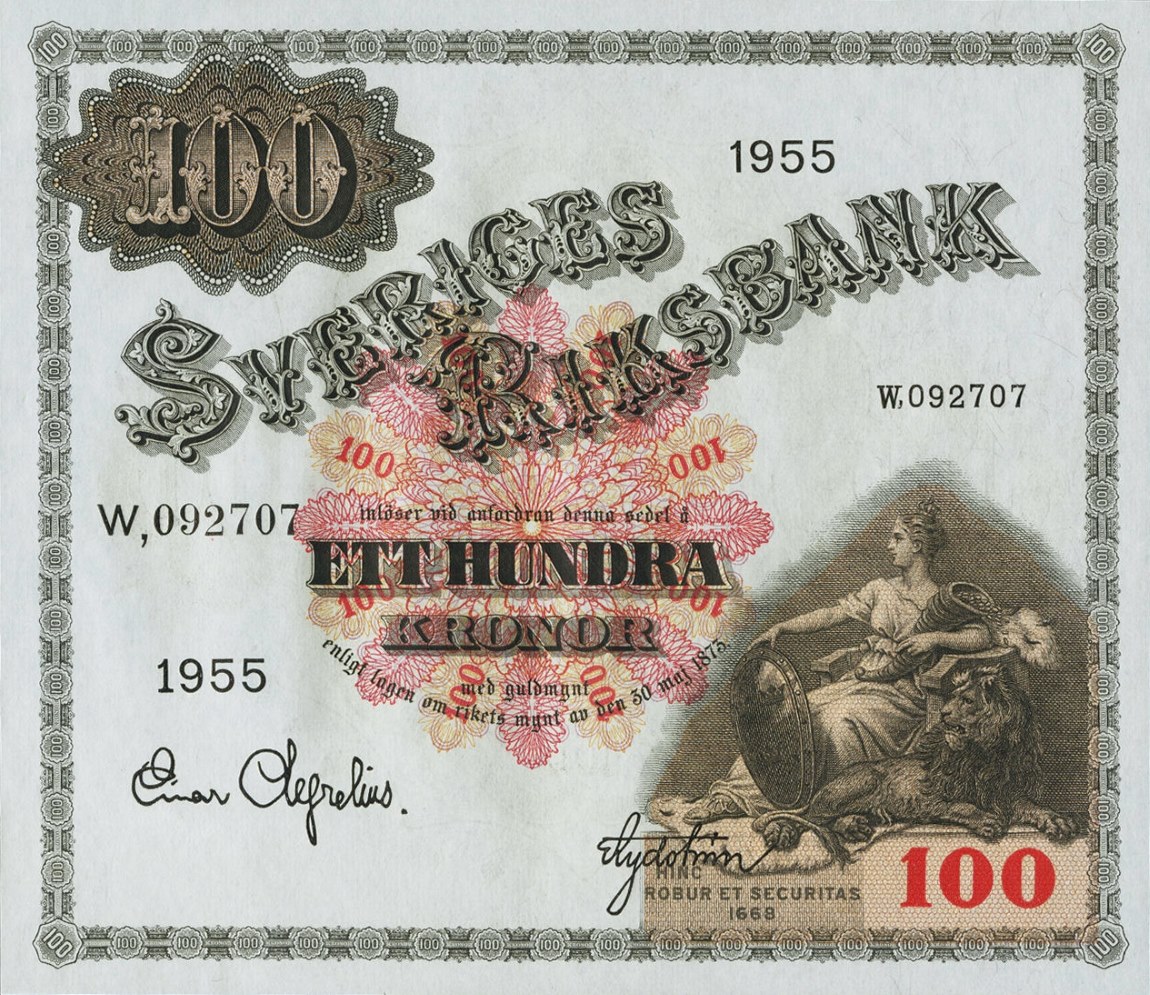 Front of Sweden p45a: 100 Kronor from 1955