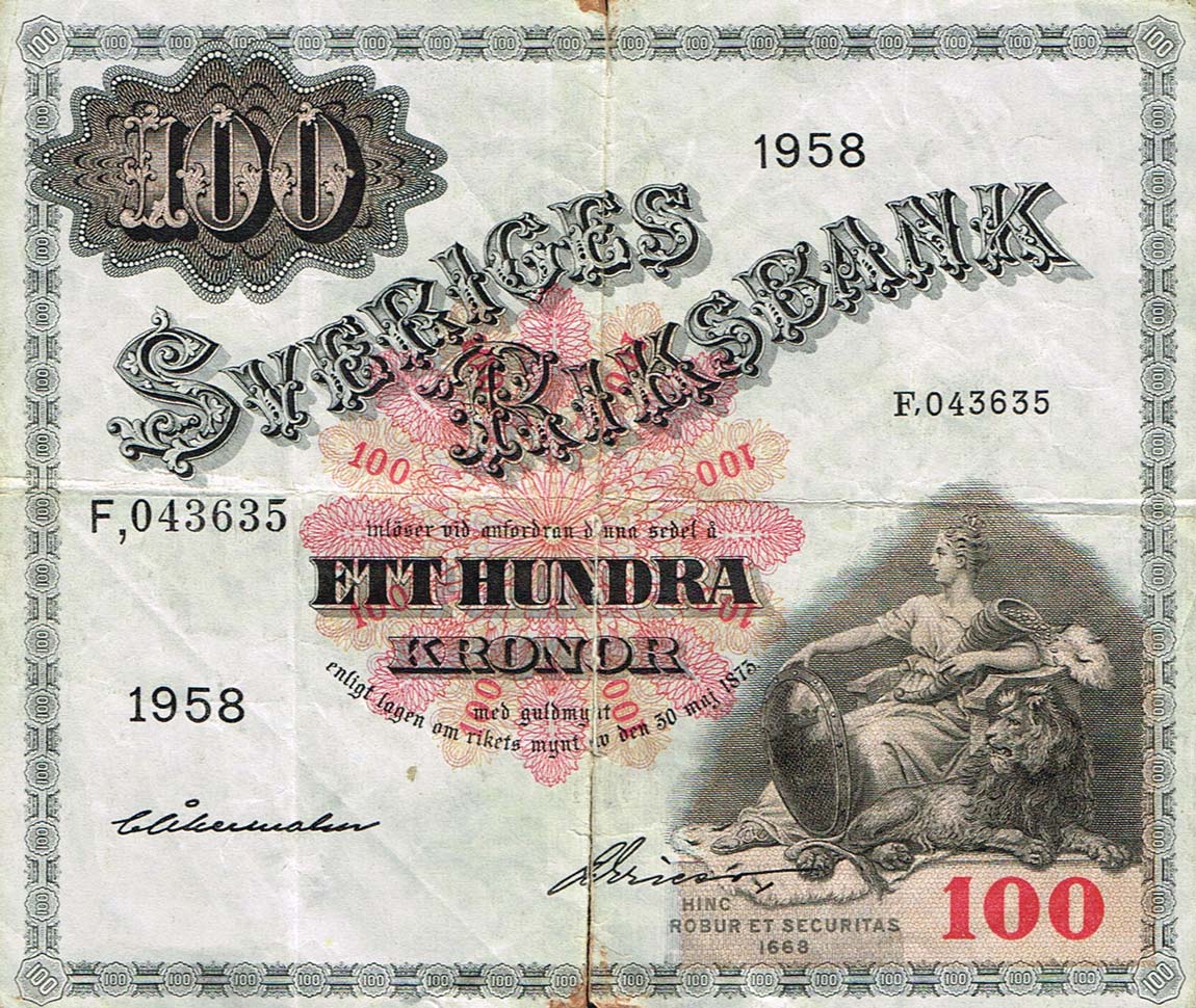 Front of Sweden p45d: 100 Kronor from 1958