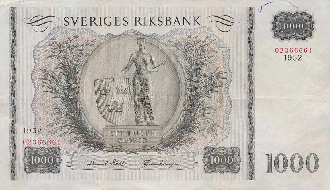 Front of Sweden p46a: 1000 Kronor from 1952
