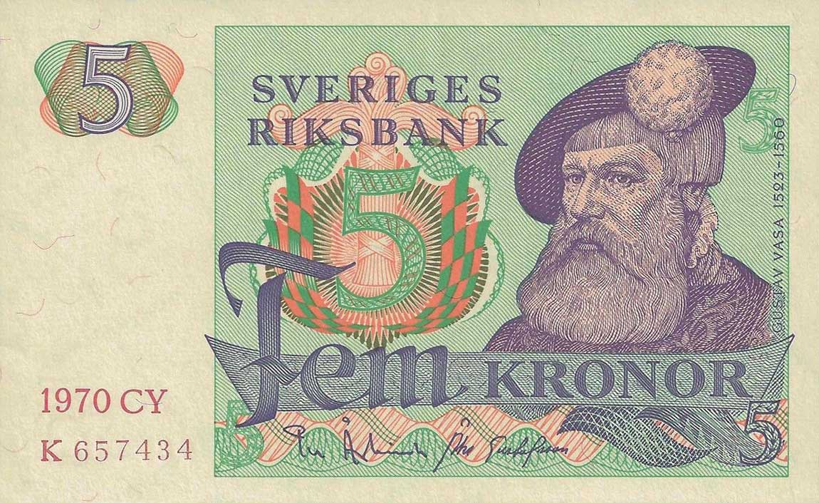 Front of Sweden p51b: 5 Kronor from 1970