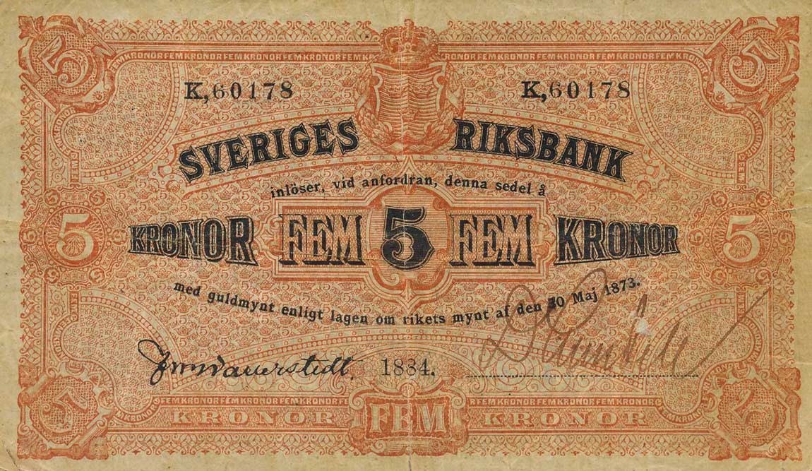 Front of Sweden p8f: 5 Kronor from 1884