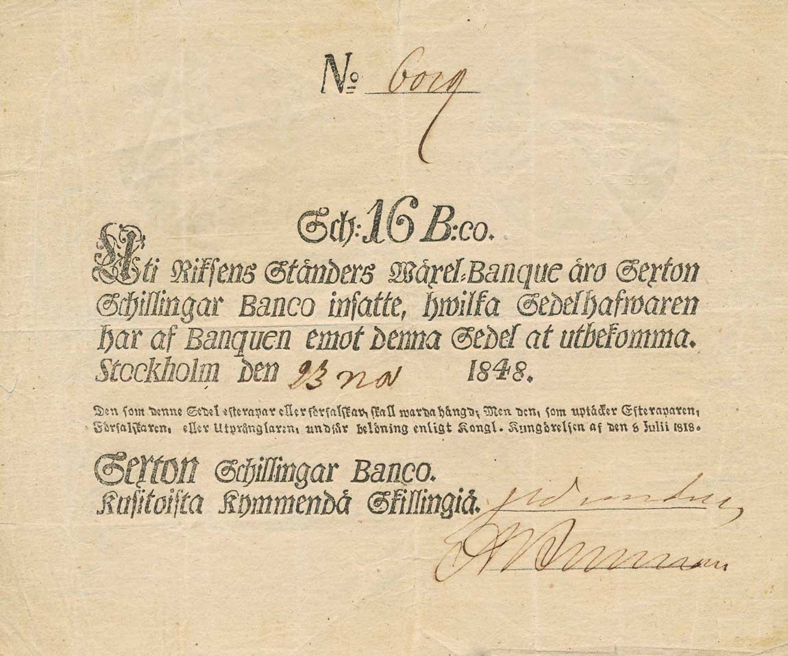 Front of Sweden pA102b: 16 Schilligar Banco from 1836