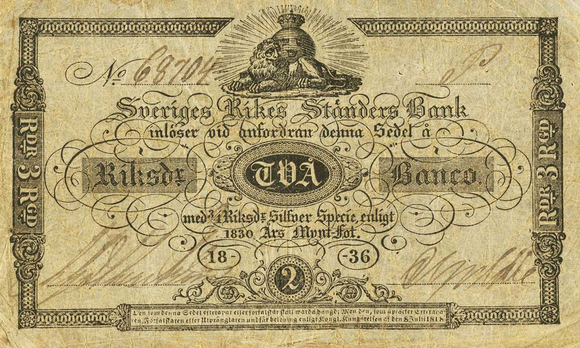 Front of Sweden pA124a: 2 Riksdaler Banco from 1836