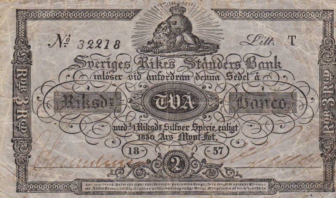 Front of Sweden pA124b: 2 Riksdaler Banco from 1840
