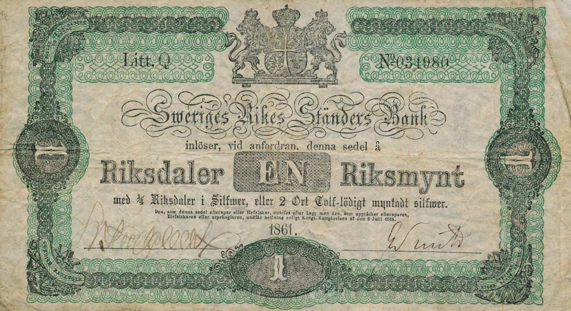 Front of Sweden pA131: 1 Riksdaler from 1859