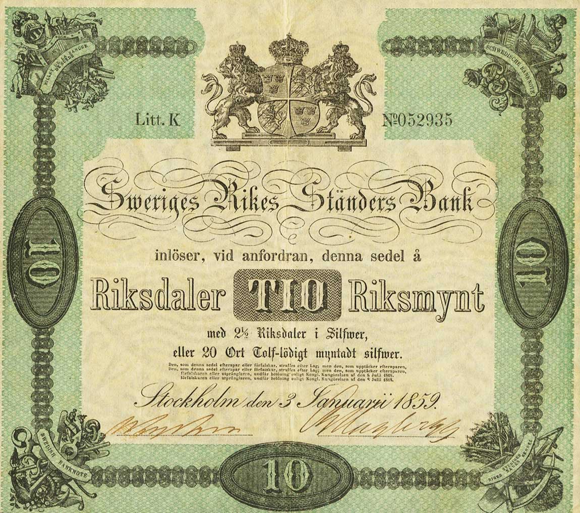 Front of Sweden pA133: 10 Riksdaler from 1859