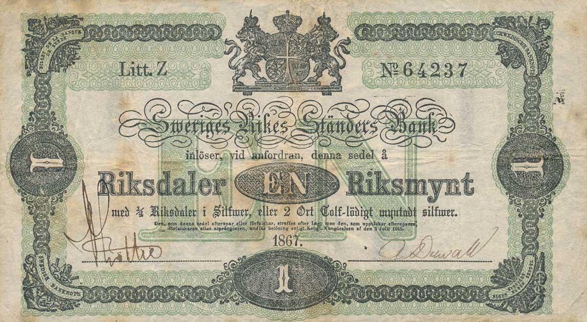 Front of Sweden pA138: 1 Riksdaler from 1865