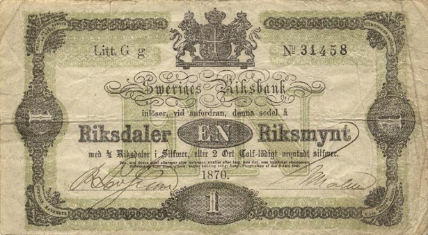 Front of Sweden pA139a: 1 Riksdaler from 1869