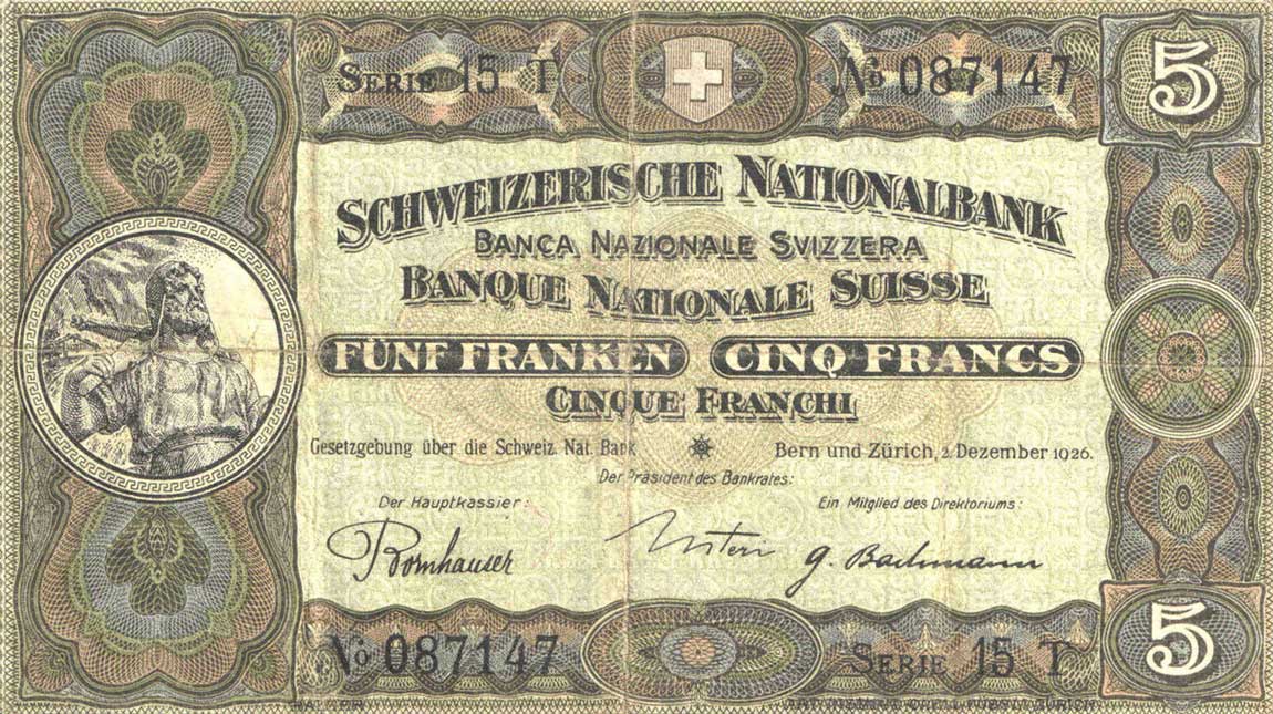 Front of Switzerland p11g: 5 Franken from 1926